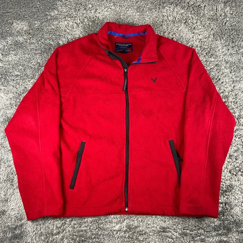 American Eagle Fleece Jacket Mens Medium Red Full Zip Mock Neck Logo Warm Soft